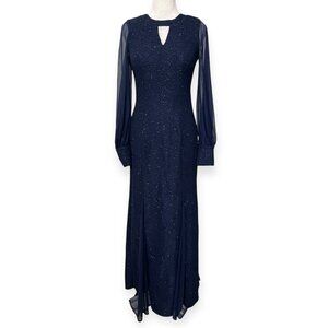 Nw Nightway Glitter Gown Size 8 Navy Keyhole Maxi Dress Long Sheer Sleeve Formal